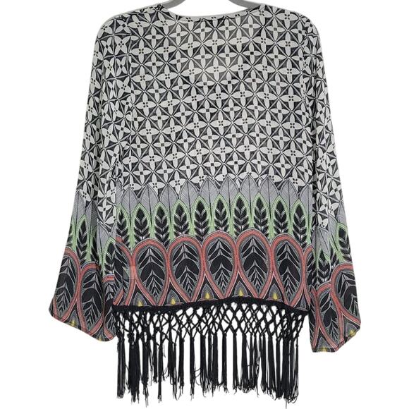 Monteau Black White Geometric Fringe Lace Up Blouse Top‎ Size S - Picture 2 of 5